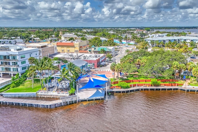 bird's eye view with a water view