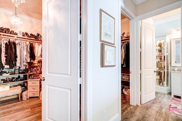 spacious closet with a chandelier and light wood-type flooring