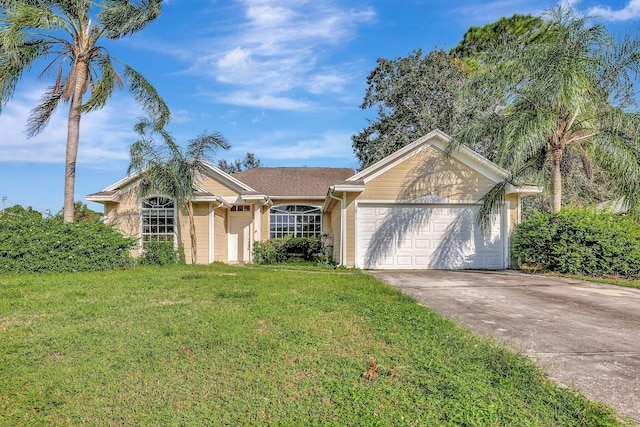 ranch-style house featuring a front yard and a garage