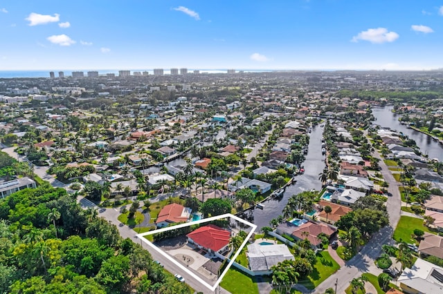 aerial view featuring a water view