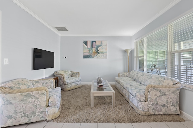 living room featuring crown molding and light tile patterned floors