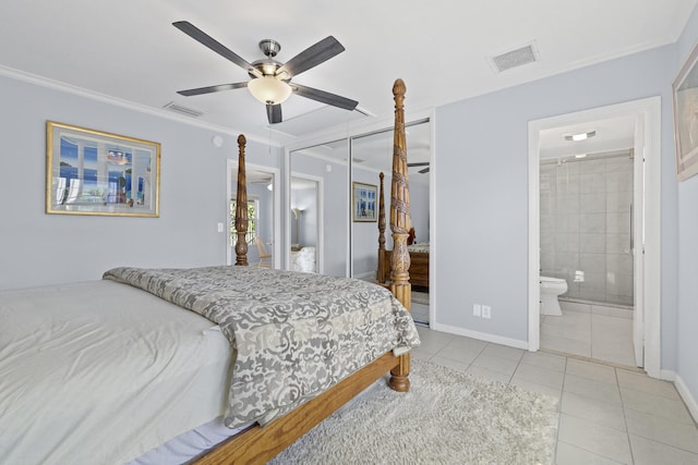 bedroom with light tile patterned flooring, a closet, ceiling fan, connected bathroom, and ornamental molding