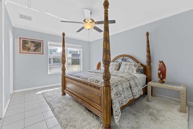 bedroom with ceiling fan, crown molding, and light tile patterned floors