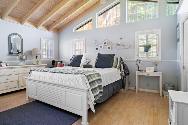 bedroom with light hardwood / wood-style floors, high vaulted ceiling, wooden ceiling, and beam ceiling