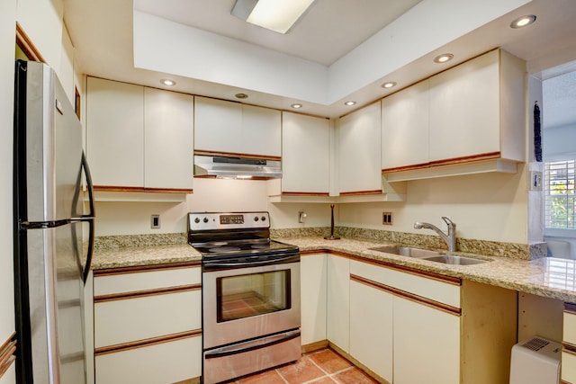 kitchen with white cabinetry, extractor fan, appliances with stainless steel finishes, and sink