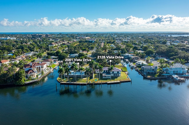 drone / aerial view featuring a water view