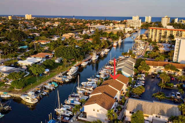 aerial view featuring a water view