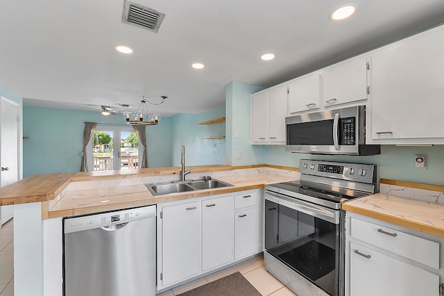 kitchen with appliances with stainless steel finishes, kitchen peninsula, white cabinetry, and sink