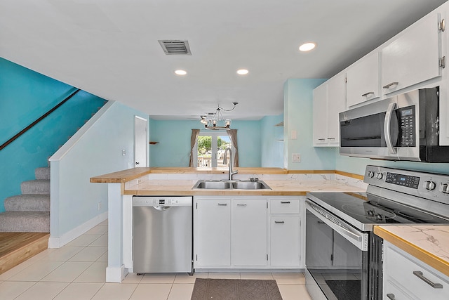 kitchen with kitchen peninsula, white cabinets, stainless steel appliances, and sink