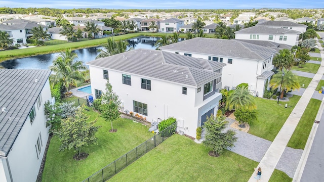 aerial view featuring a water view