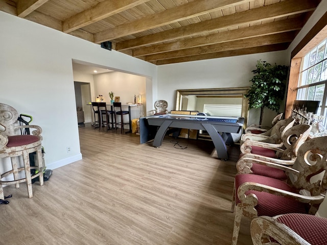 interior space featuring beamed ceiling, wood ceiling, and wood-type flooring