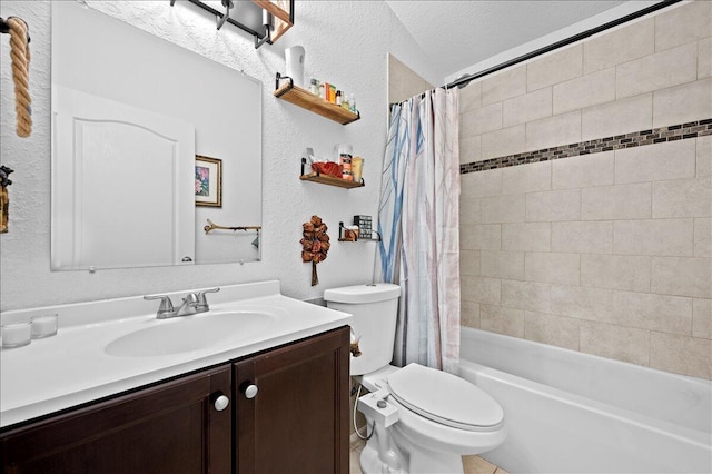 full bathroom with vanity, toilet, a textured ceiling, and shower / bath combo with shower curtain