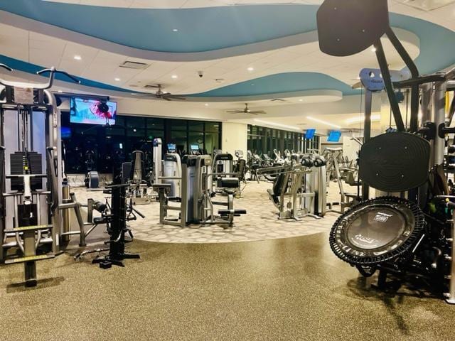 workout area featuring ceiling fan