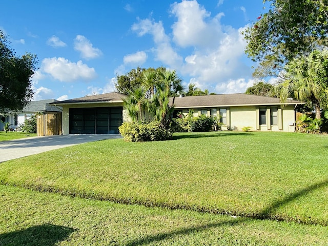 single story home with a front lawn and a garage