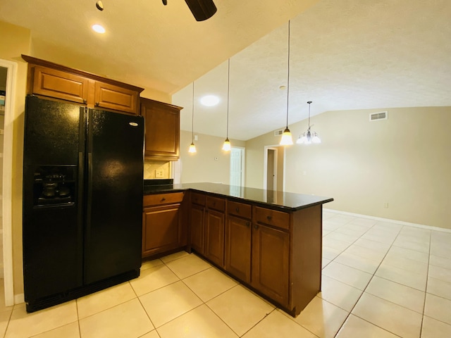 kitchen featuring kitchen peninsula, black refrigerator with ice dispenser, ceiling fan with notable chandelier, vaulted ceiling, and hanging light fixtures