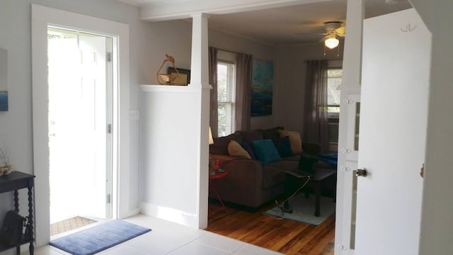 foyer entrance featuring wood-type flooring, a healthy amount of sunlight, and ceiling fan