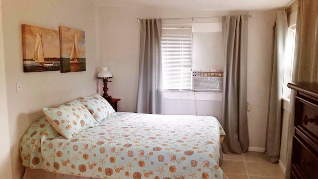 tiled bedroom with multiple windows and cooling unit