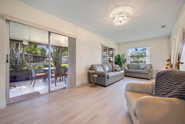 living room featuring a textured ceiling and light hardwood / wood-style flooring