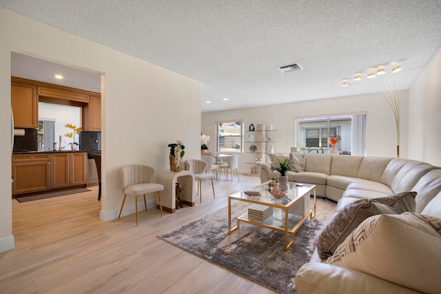 living room featuring a textured ceiling and light wood-type flooring