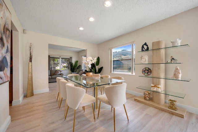 dining room with light hardwood / wood-style flooring and a textured ceiling