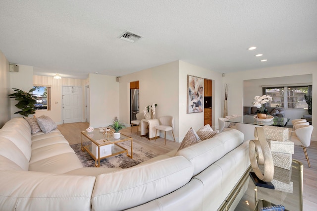 living room featuring a textured ceiling and light wood-type flooring