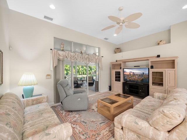 living room with ceiling fan