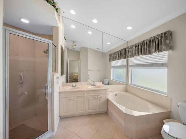 full bathroom with ceiling fan, independent shower and bath, toilet, vanity, and tile patterned flooring