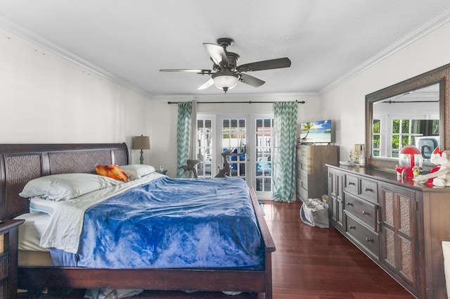 bedroom featuring ceiling fan, multiple windows, and crown molding