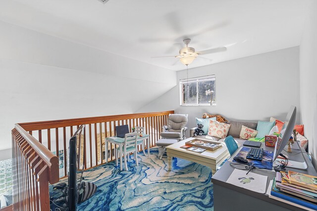 office area with ceiling fan and lofted ceiling