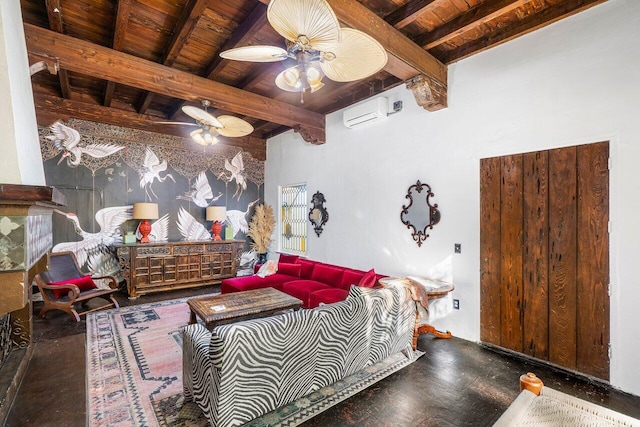 bedroom featuring beamed ceiling, concrete floors, wooden ceiling, and a wall mounted AC