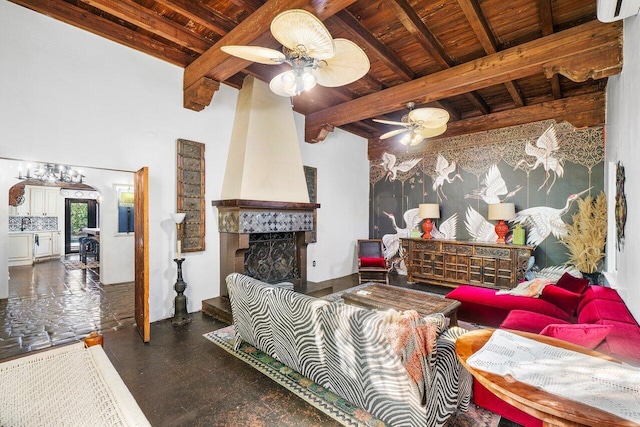 living room with beam ceiling, high vaulted ceiling, wooden ceiling, a fireplace, and ceiling fan