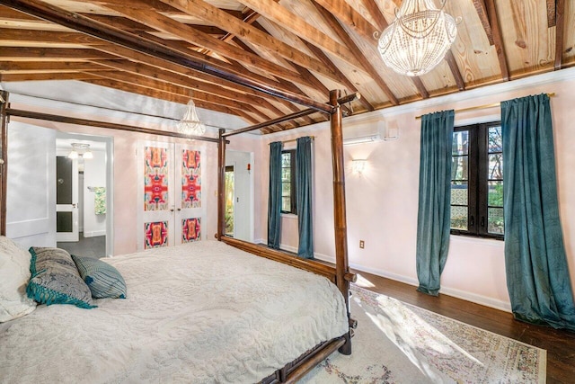 bedroom featuring french doors, lofted ceiling, multiple windows, and a chandelier