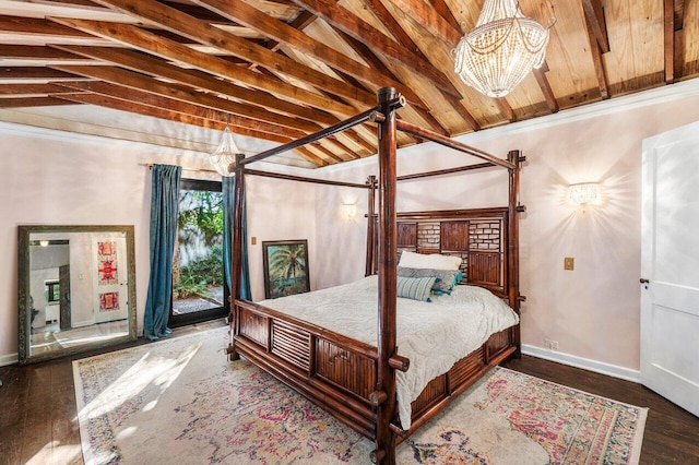 bedroom featuring wood finished floors, baseboards, vaulted ceiling, wood ceiling, and a notable chandelier