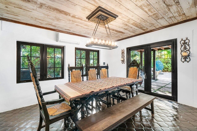 dining space with wooden ceiling, french doors, a wall mounted air conditioner, and a healthy amount of sunlight