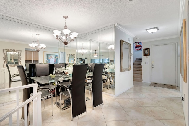 dining space with ornamental molding, a chandelier, a textured ceiling, and light tile patterned floors