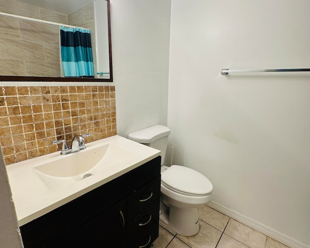 bathroom with decorative backsplash, a shower with shower curtain, vanity, tile patterned flooring, and toilet