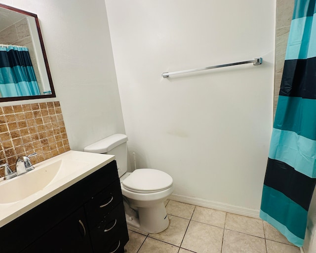 bathroom featuring curtained shower, tile patterned flooring, toilet, decorative backsplash, and vanity