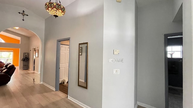 hall featuring vaulted ceiling and light hardwood / wood-style floors