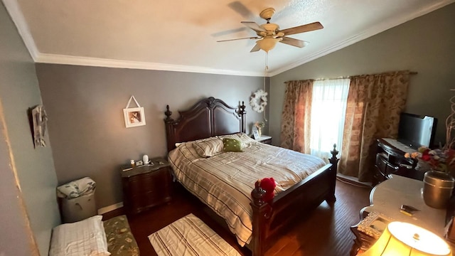 bedroom with crown molding, lofted ceiling, ceiling fan, and dark hardwood / wood-style floors