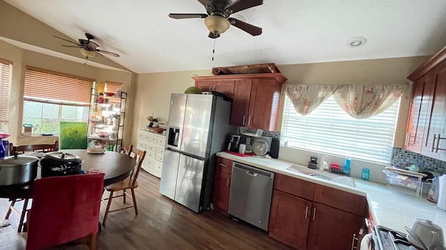 kitchen featuring stainless steel appliances, sink, ceiling fan, lofted ceiling, and dark wood-type flooring