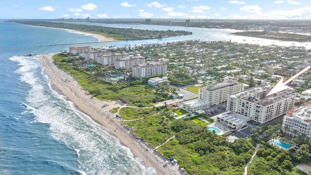 aerial view featuring a beach view and a water view