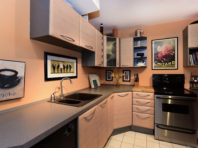 kitchen featuring black dishwasher, sink, light tile patterned floors, light brown cabinetry, and stainless steel electric range oven