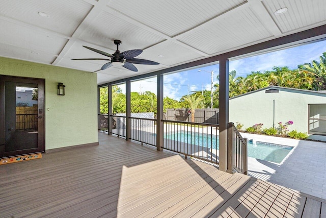 exterior space featuring a patio, a fenced in pool, and ceiling fan