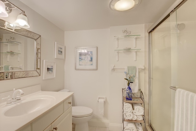 bathroom featuring vanity, radiator, a shower with door, and toilet