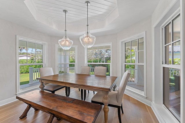 dining area with light wood-type flooring, a tray ceiling, and plenty of natural light