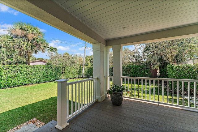 wooden terrace featuring a yard