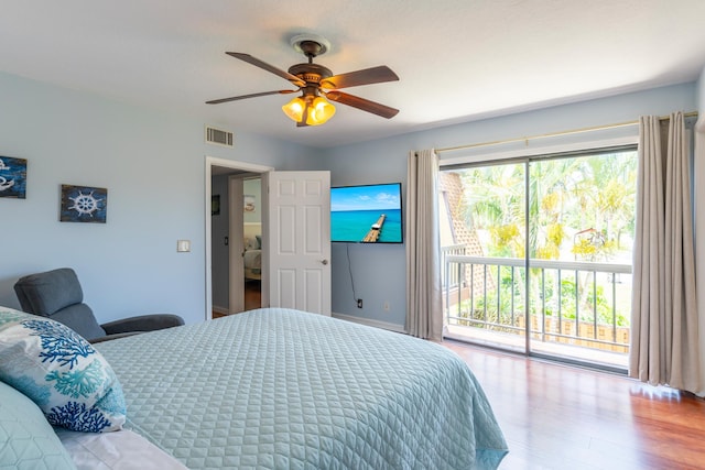 bedroom with access to outside, light wood-type flooring, and ceiling fan