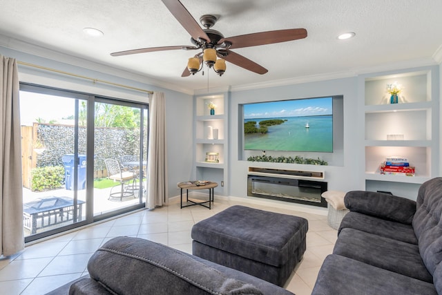 living room with ornamental molding, a textured ceiling, light tile patterned floors, and built in shelves