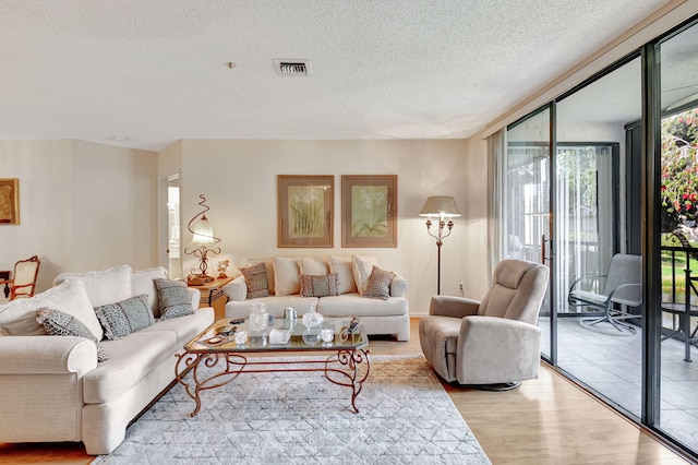 living room featuring a textured ceiling and light wood-type flooring