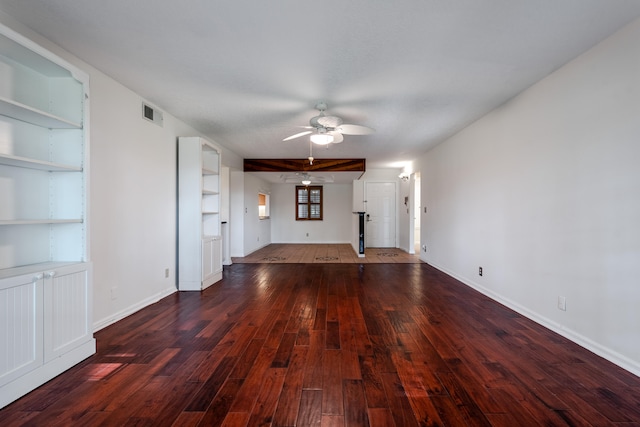 unfurnished living room with ceiling fan, dark hardwood / wood-style flooring, and built in features